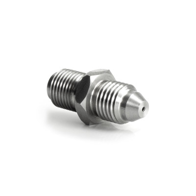 HEL Stainless Steel -4 AN Male to 7/16" x 24 Male Straight Adapter with 0.7mm Restriction for Turbo Oil Feeds